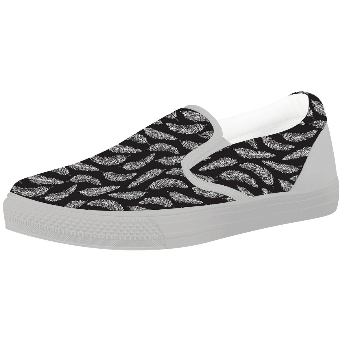 Feather White And Black Print Pattern White Slip On Shoes-grizzshop