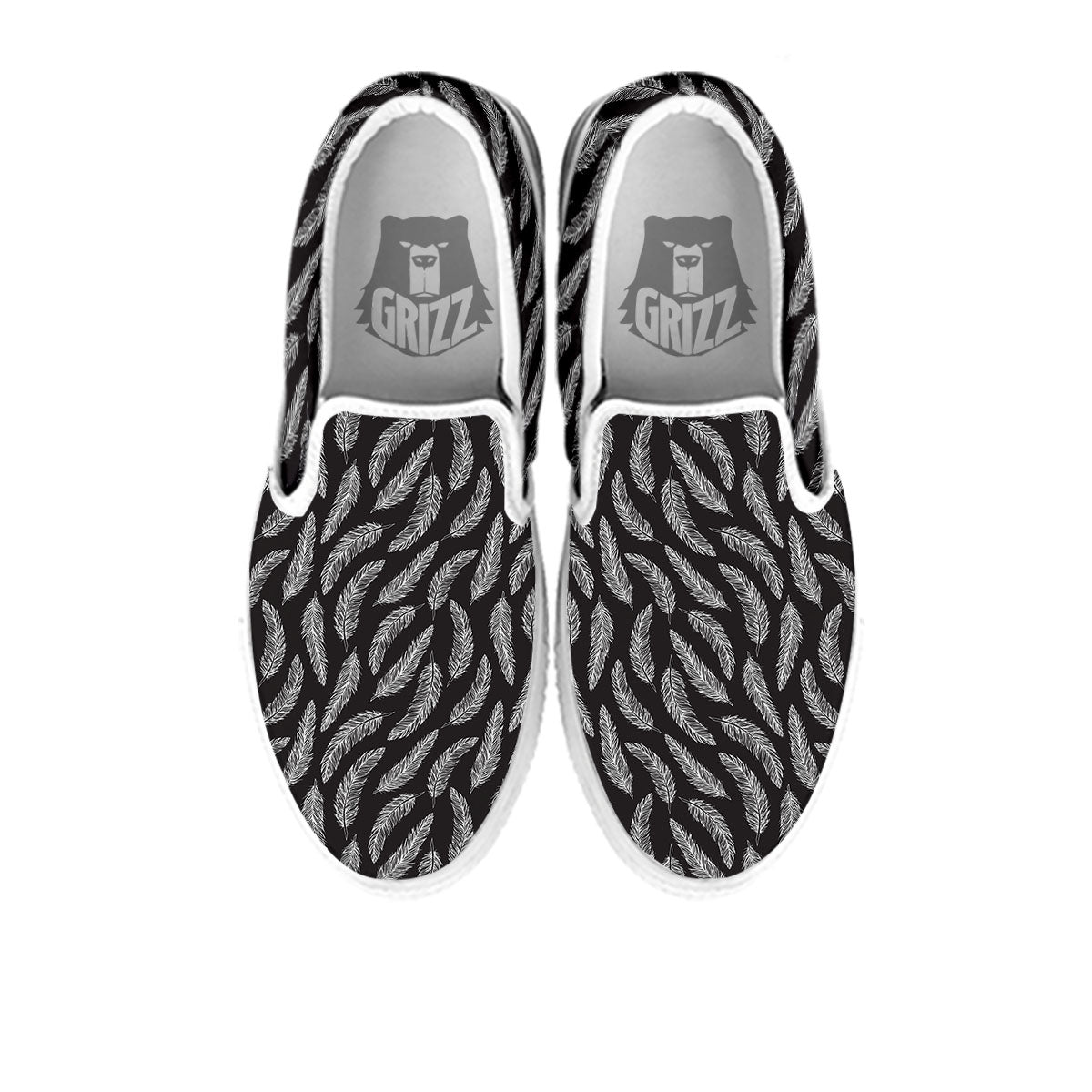 Feather White And Black Print Pattern White Slip On Shoes-grizzshop