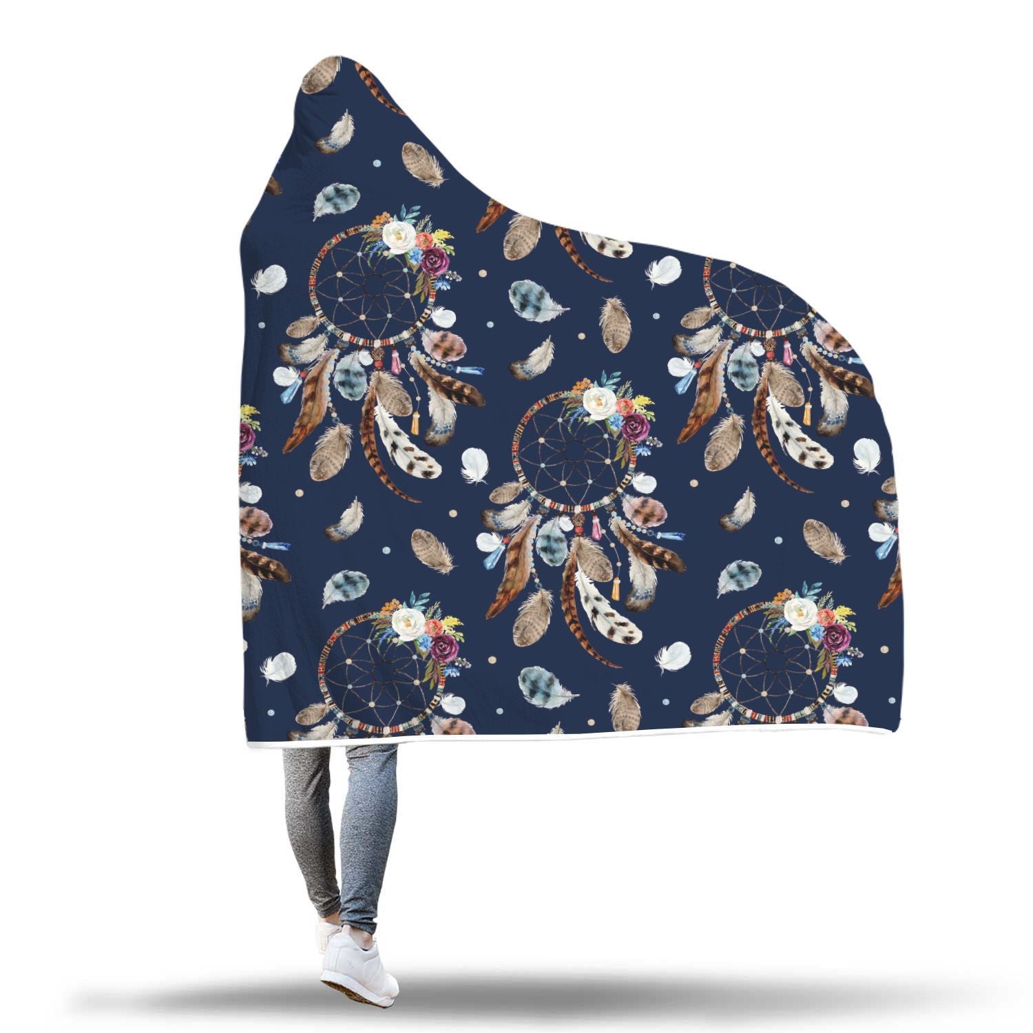 Feather Dream Catcher Blue Boho Pattern Print Hooded Blanket-grizzshop