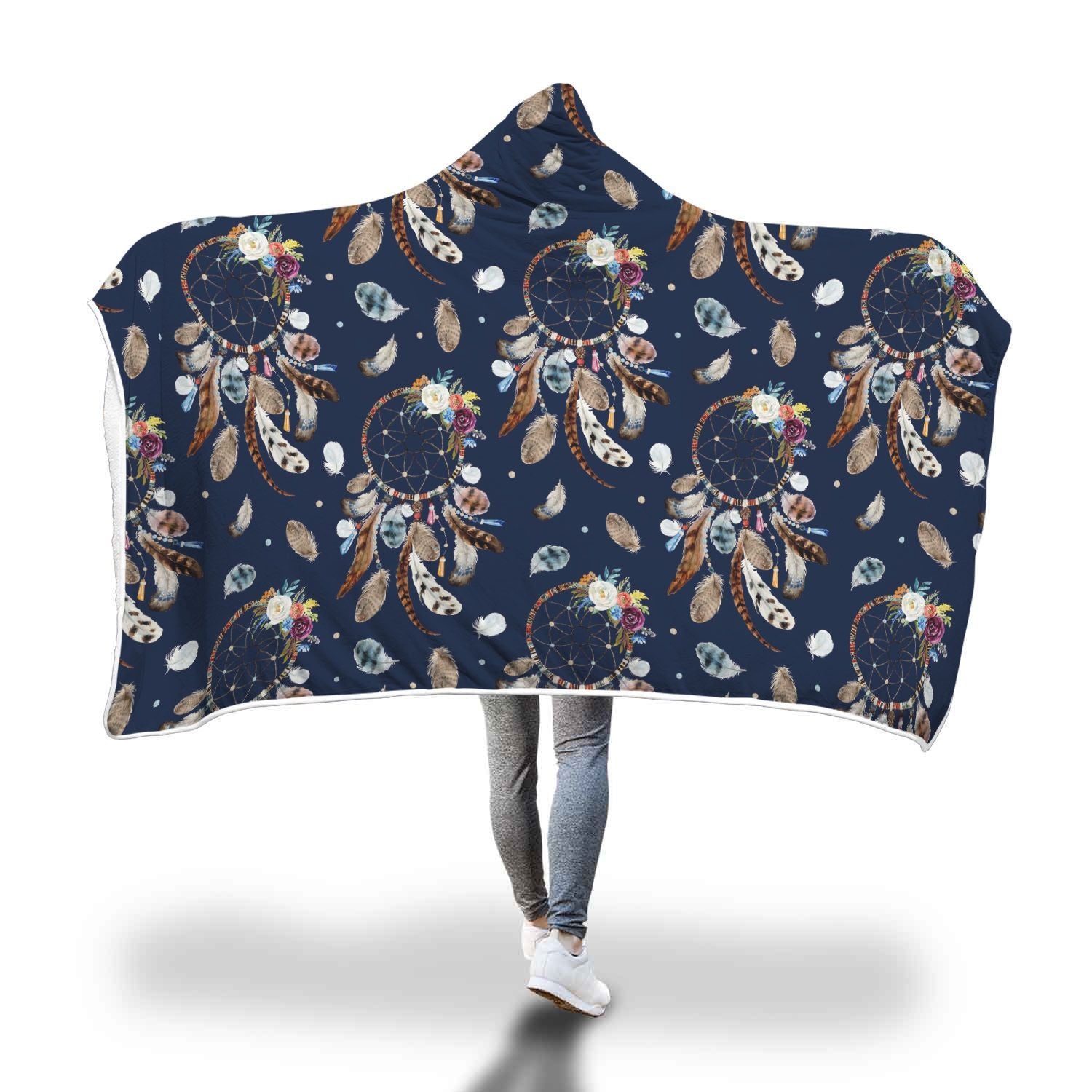 Feather Dream Catcher Blue Boho Pattern Print Hooded Blanket-grizzshop
