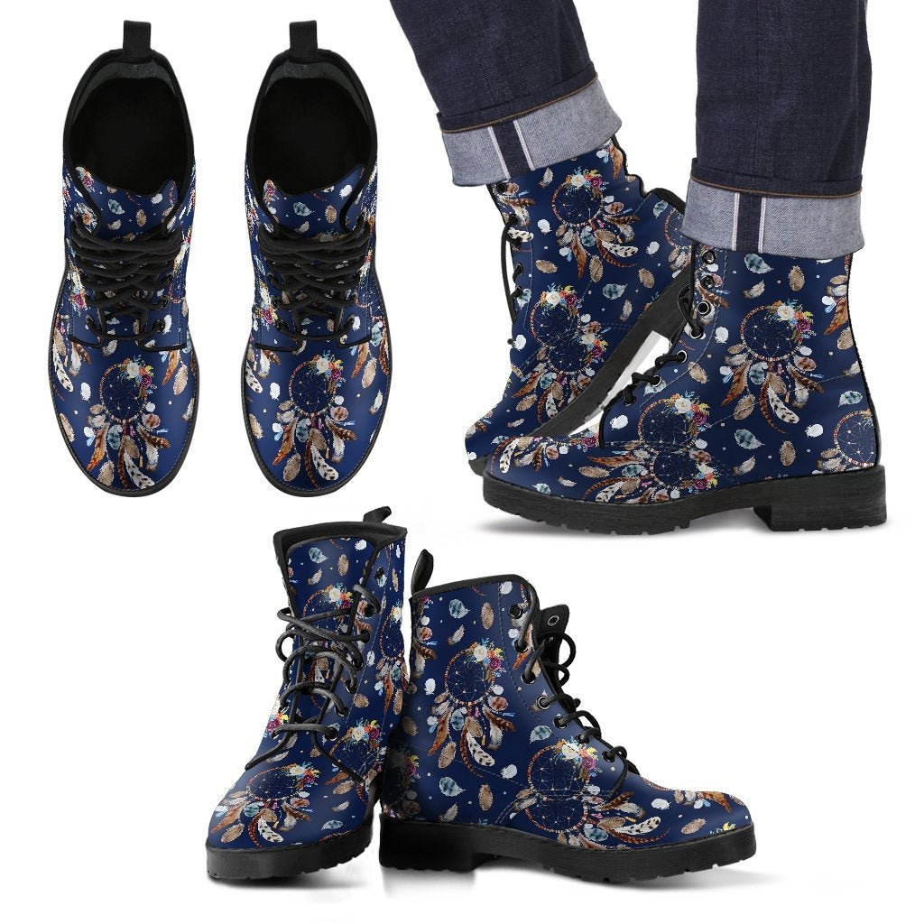 Feather Dream Catcher Blue Boho Pattern Print Men Women Leather Boots-grizzshop