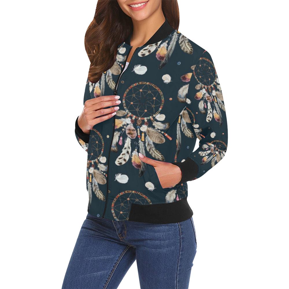 Feather Dream Catcher Boho Pattern Print Women Casual Bomber Jacket-grizzshop