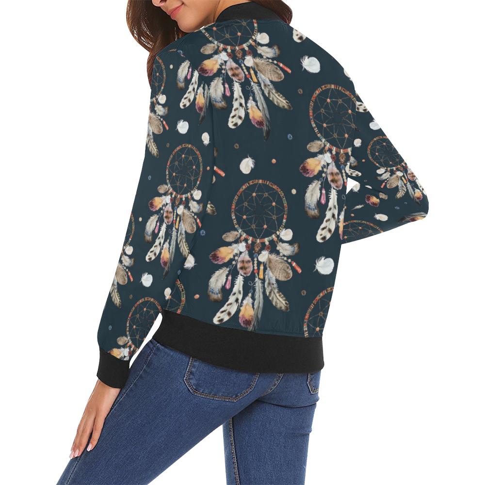 Feather Dream Catcher Boho Pattern Print Women Casual Bomber Jacket-grizzshop