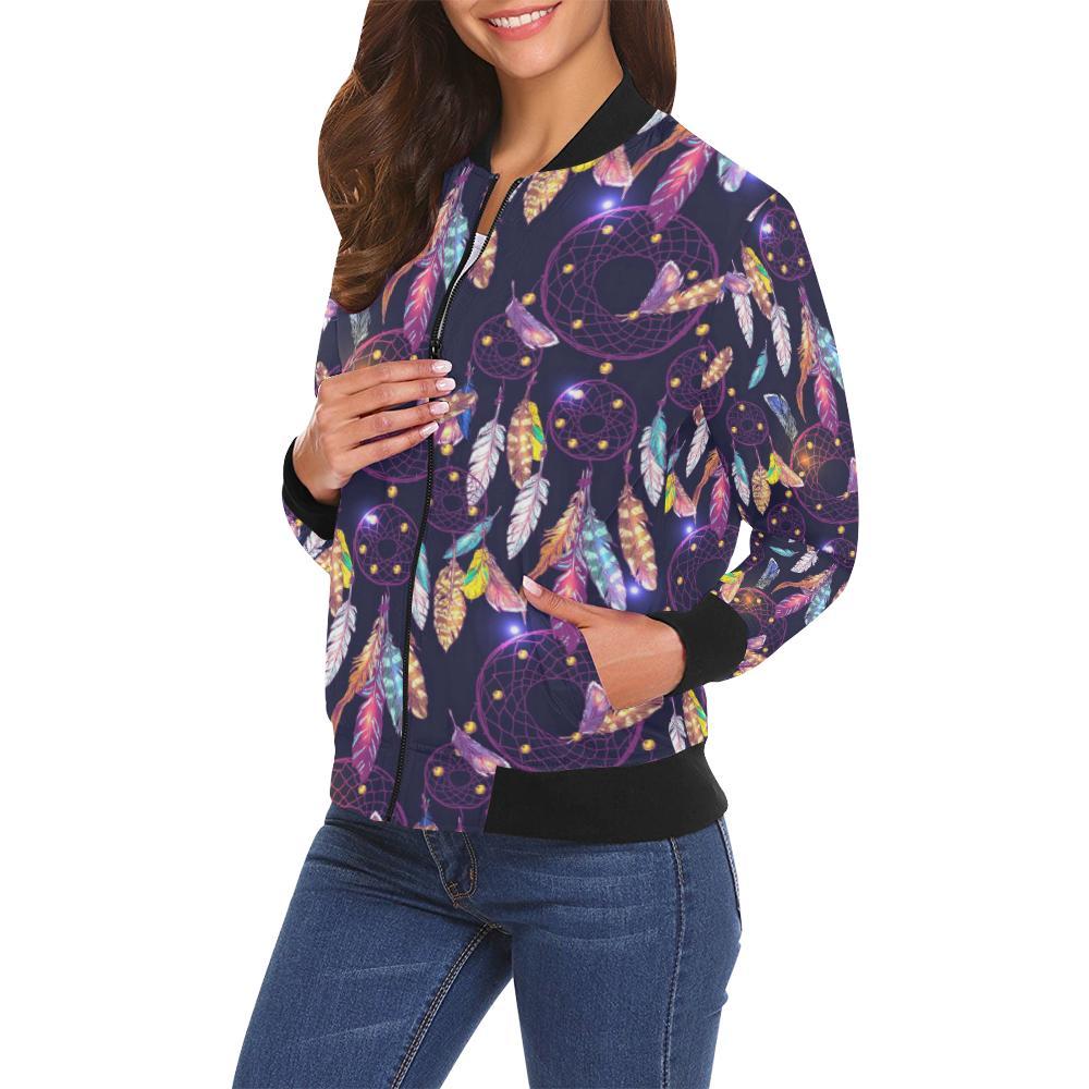 Feather Dream Catcher Vintage Pattern Print Women Casual Bomber Jacket-grizzshop
