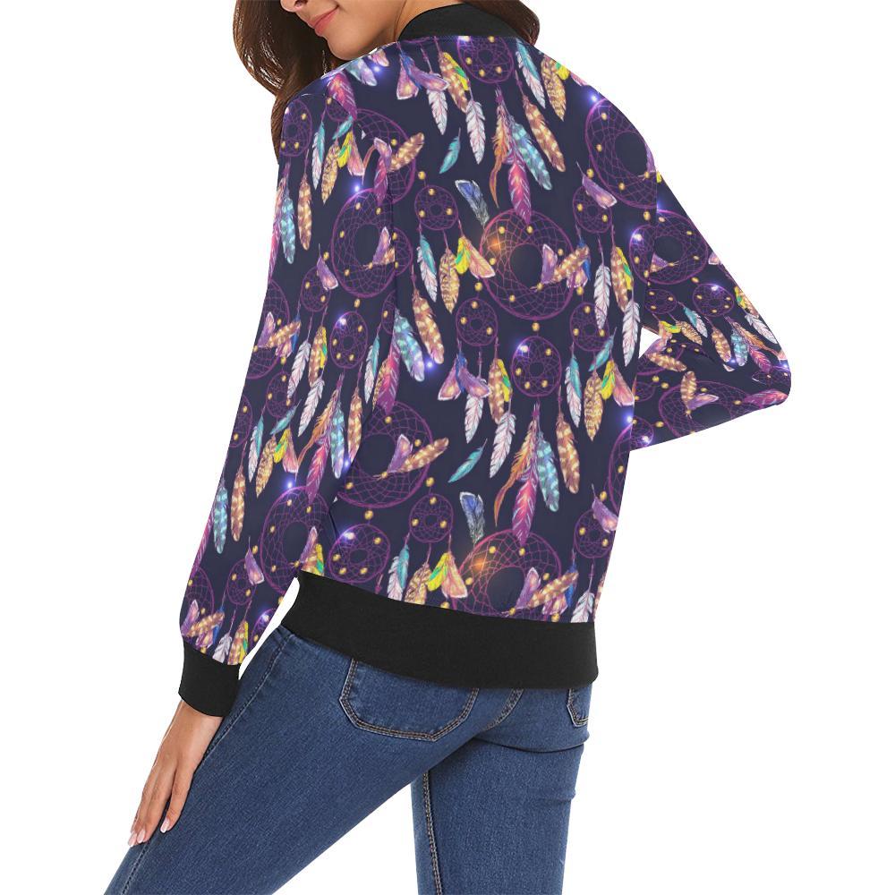 Feather Dream Catcher Vintage Pattern Print Women Casual Bomber Jacket-grizzshop