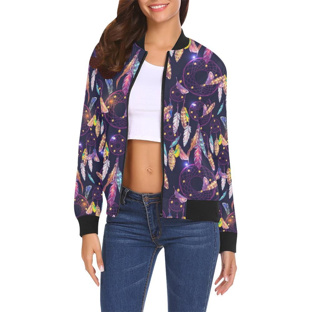 Feather Dream Catcher Vintage Pattern Print Women Casual Bomber Jacket-grizzshop