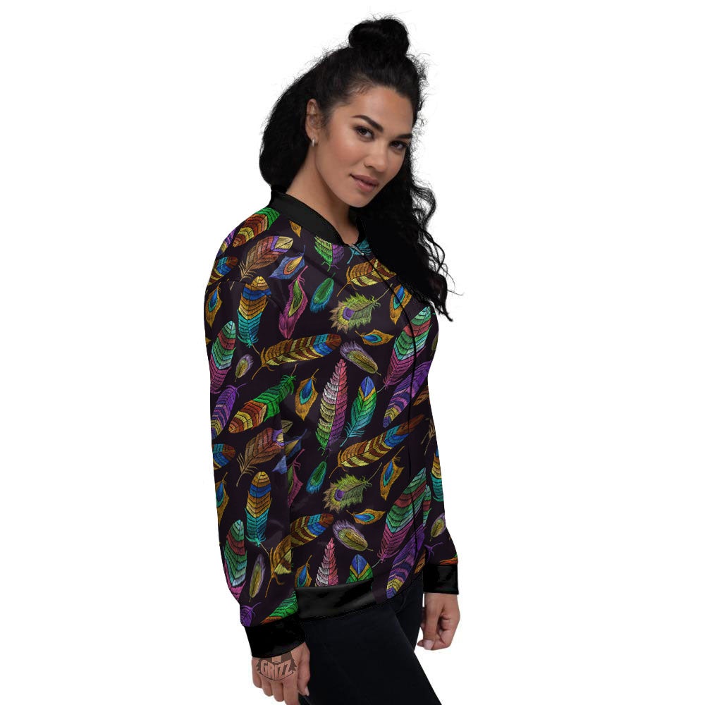Feather Native Print Pattern Women's Bomber Jacket-grizzshop