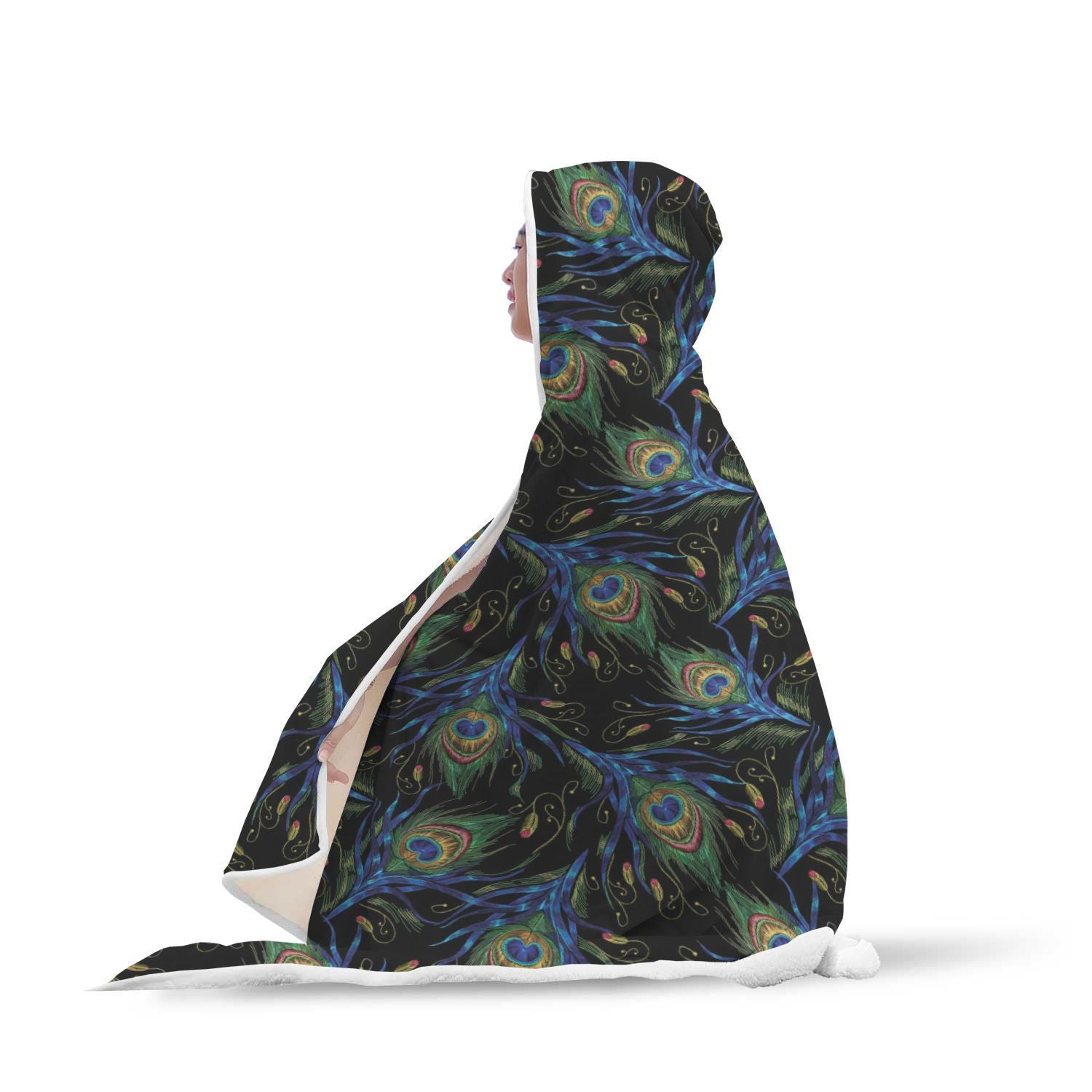 Feather Peacock Pattern Print Hooded Blanket-grizzshop