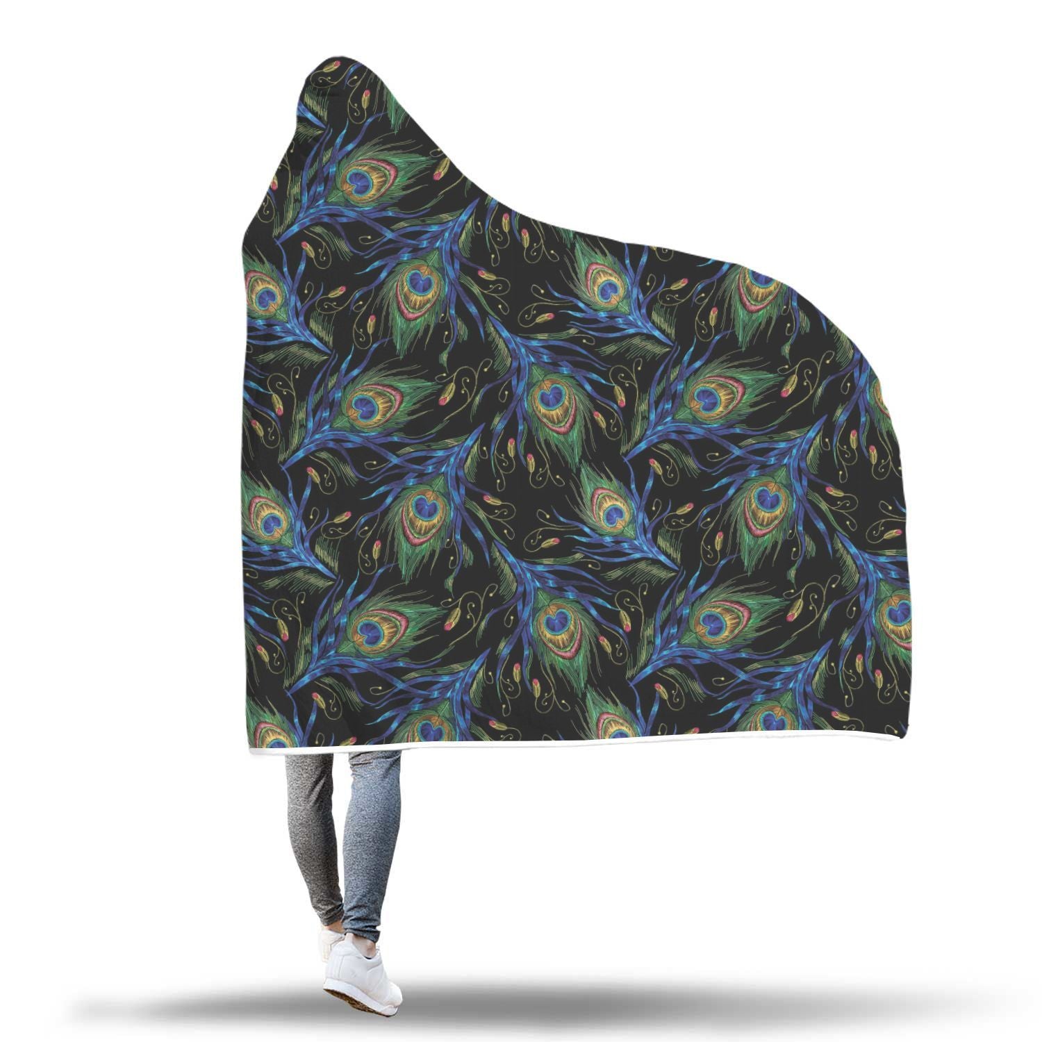 Feather Peacock Pattern Print Hooded Blanket-grizzshop