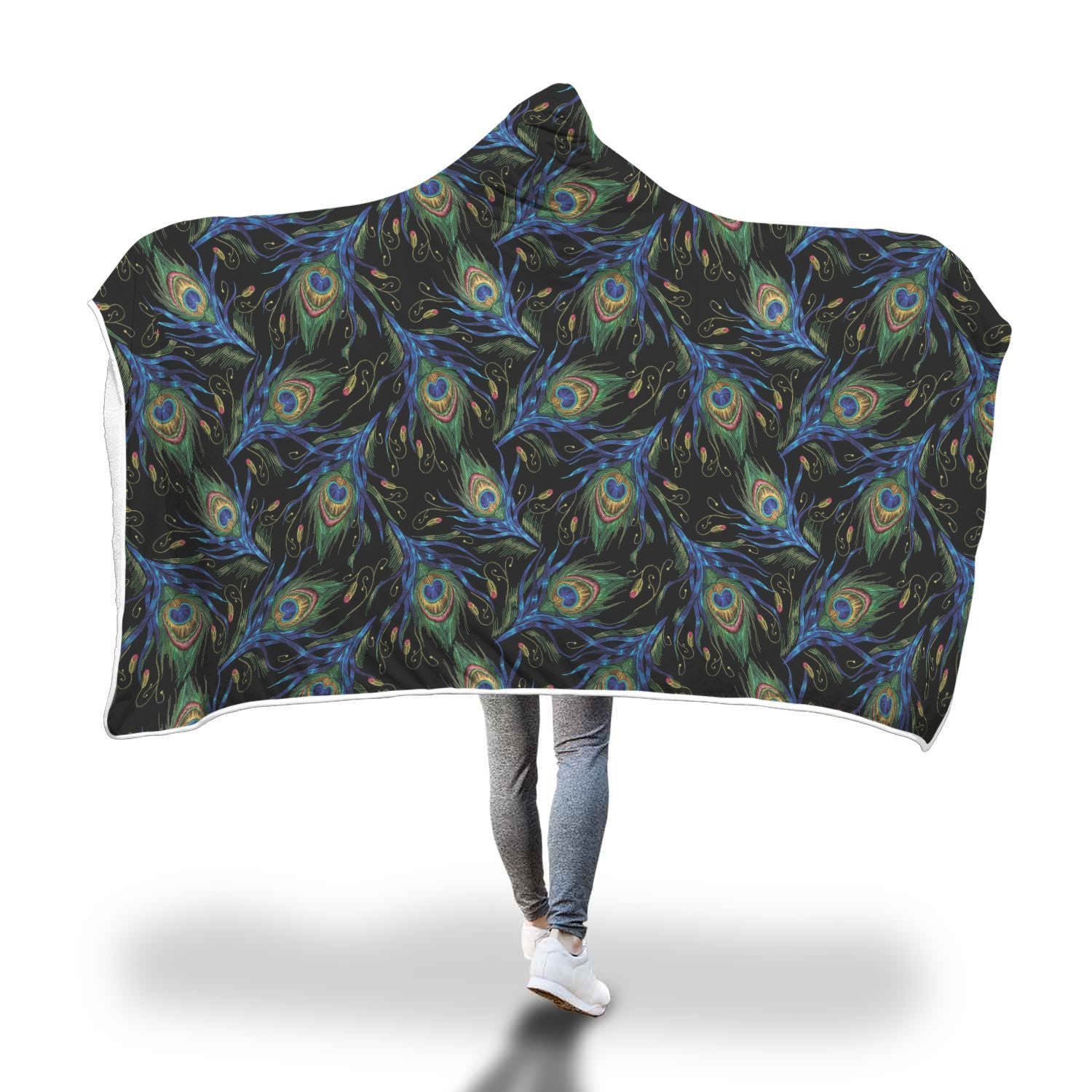 Feather Peacock Pattern Print Hooded Blanket-grizzshop