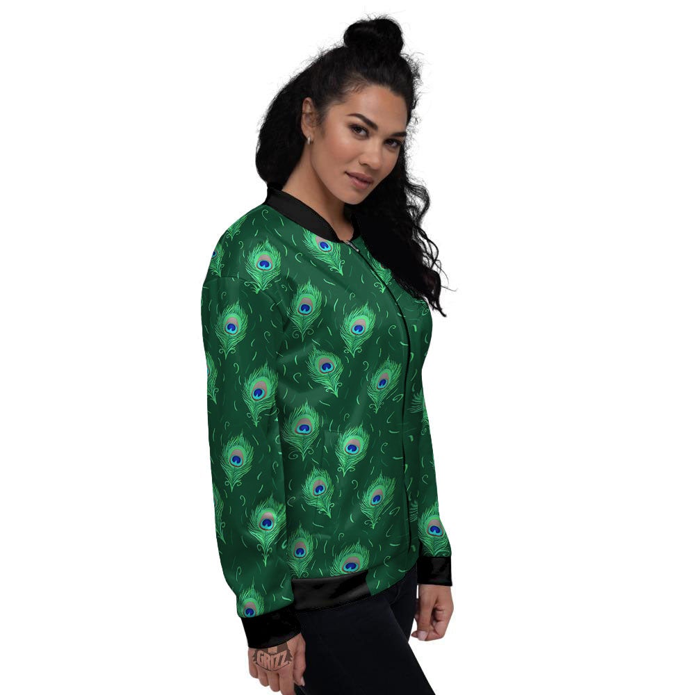 Feather Peacock Print Pattern Women's Bomber Jacket-grizzshop