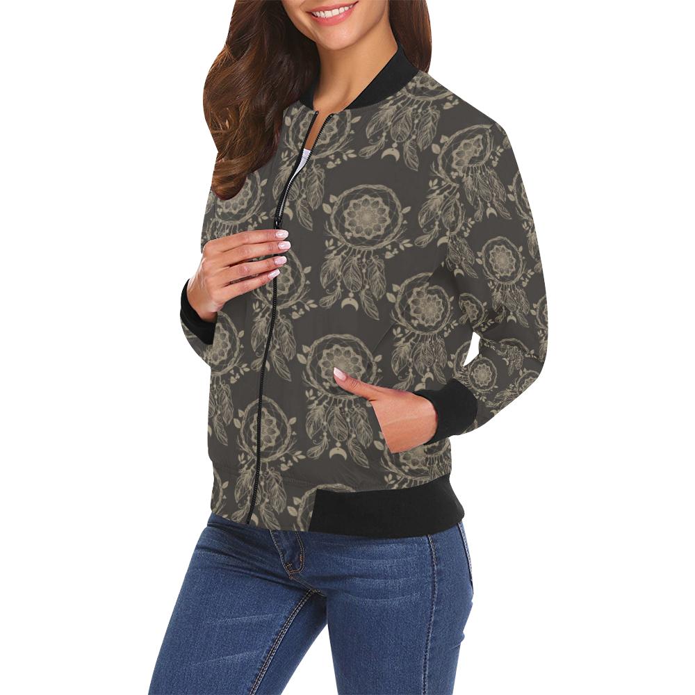 Feather Vintage Dream Catcher Pattern Print Women Casual Bomber Jacket-grizzshop