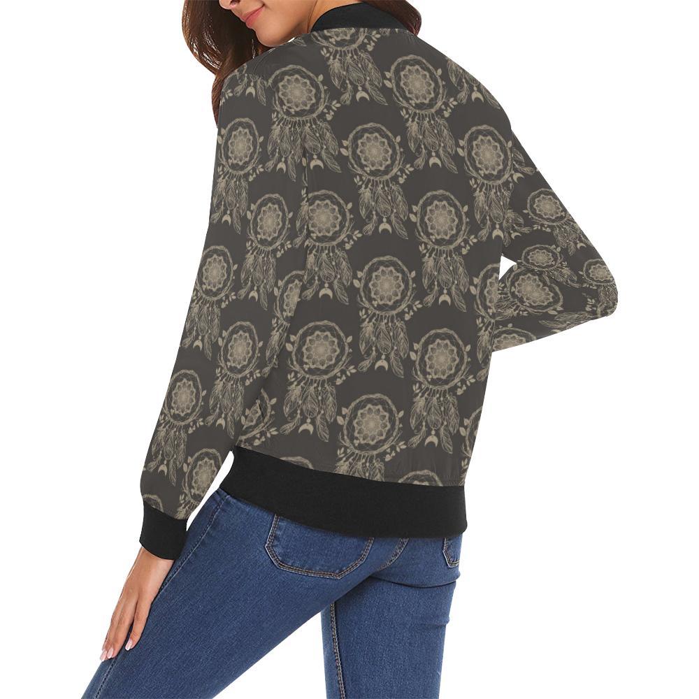 Feather Vintage Dream Catcher Pattern Print Women Casual Bomber Jacket-grizzshop