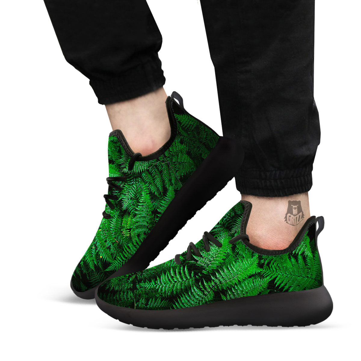 Fern Leaf Green Print Black Athletic Shoes-grizzshop