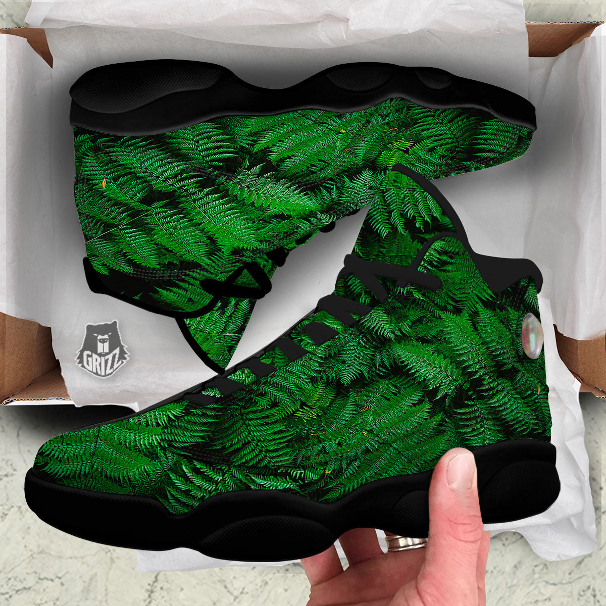Fern Leaf Green Print Black Basketball Shoes-grizzshop