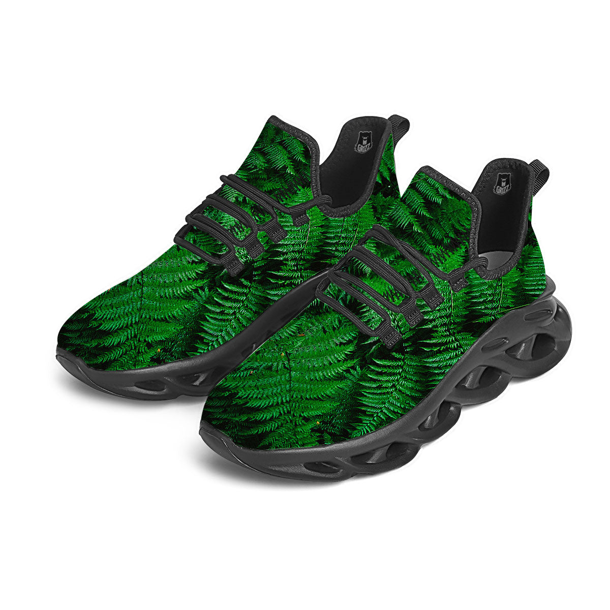 Fern Leaf Green Print Black Running Shoes-grizzshop