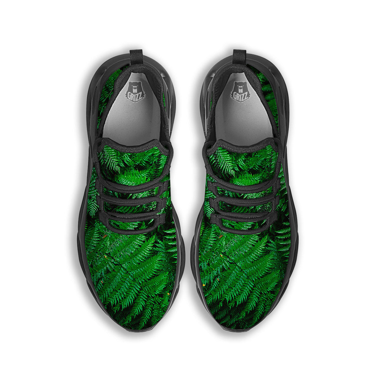 Fern Leaf Green Print Black Running Shoes-grizzshop