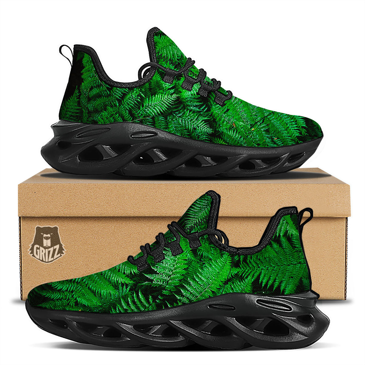 Fern Leaf Green Print Black Running Shoes-grizzshop