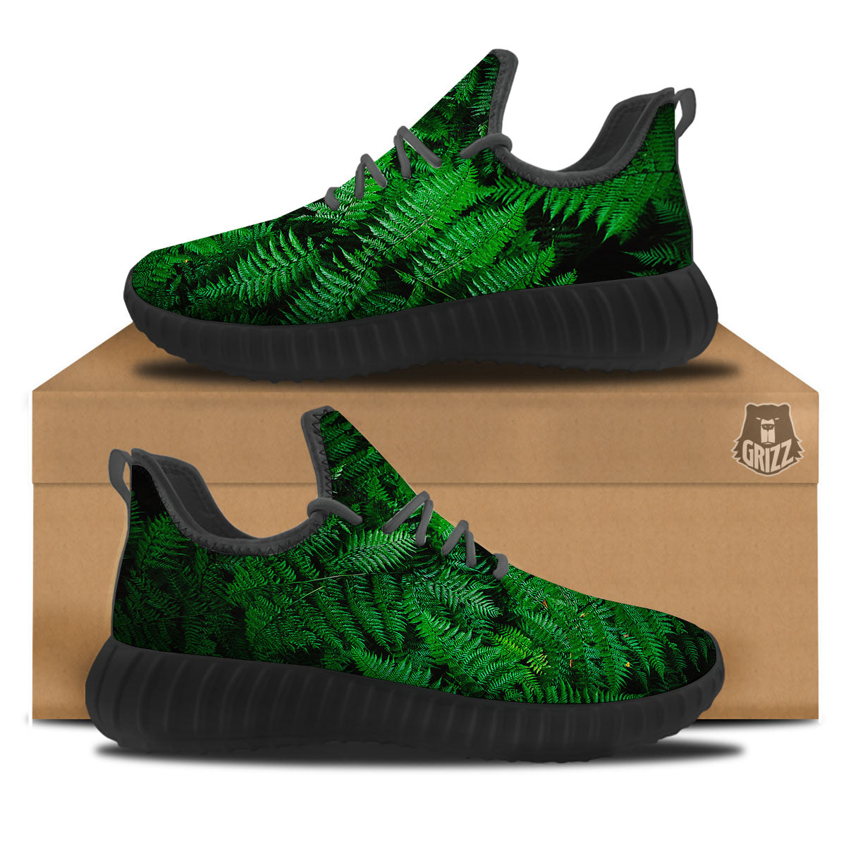 Fern Leaf Green Print Black Walking Shoes-grizzshop
