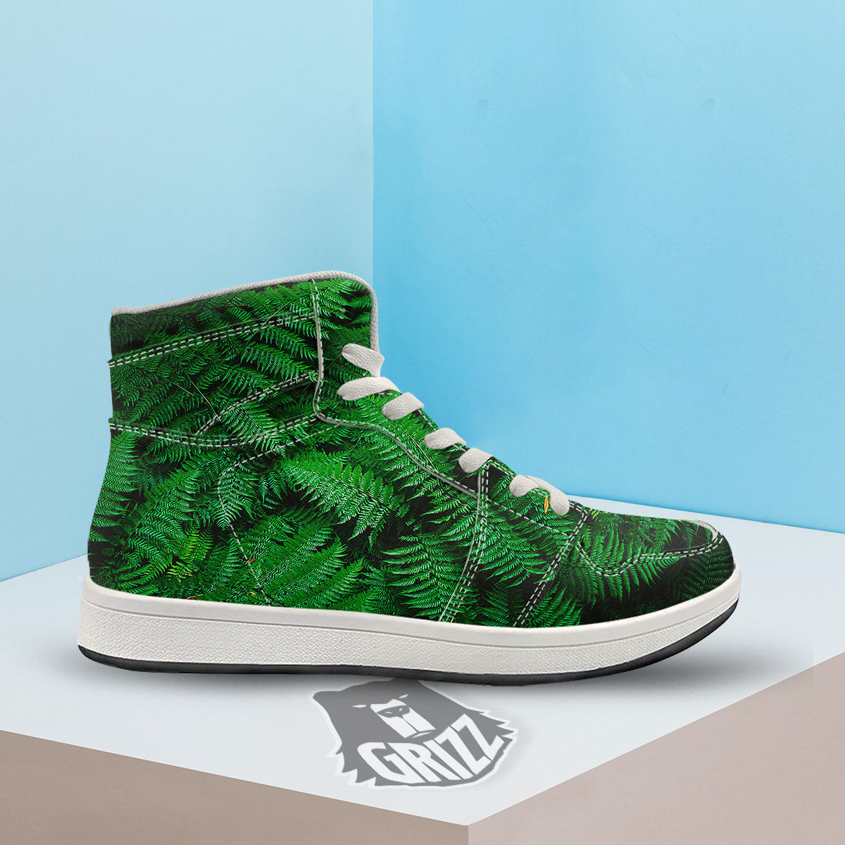 Fern Leaf Green Print High Top Sneakers-grizzshop