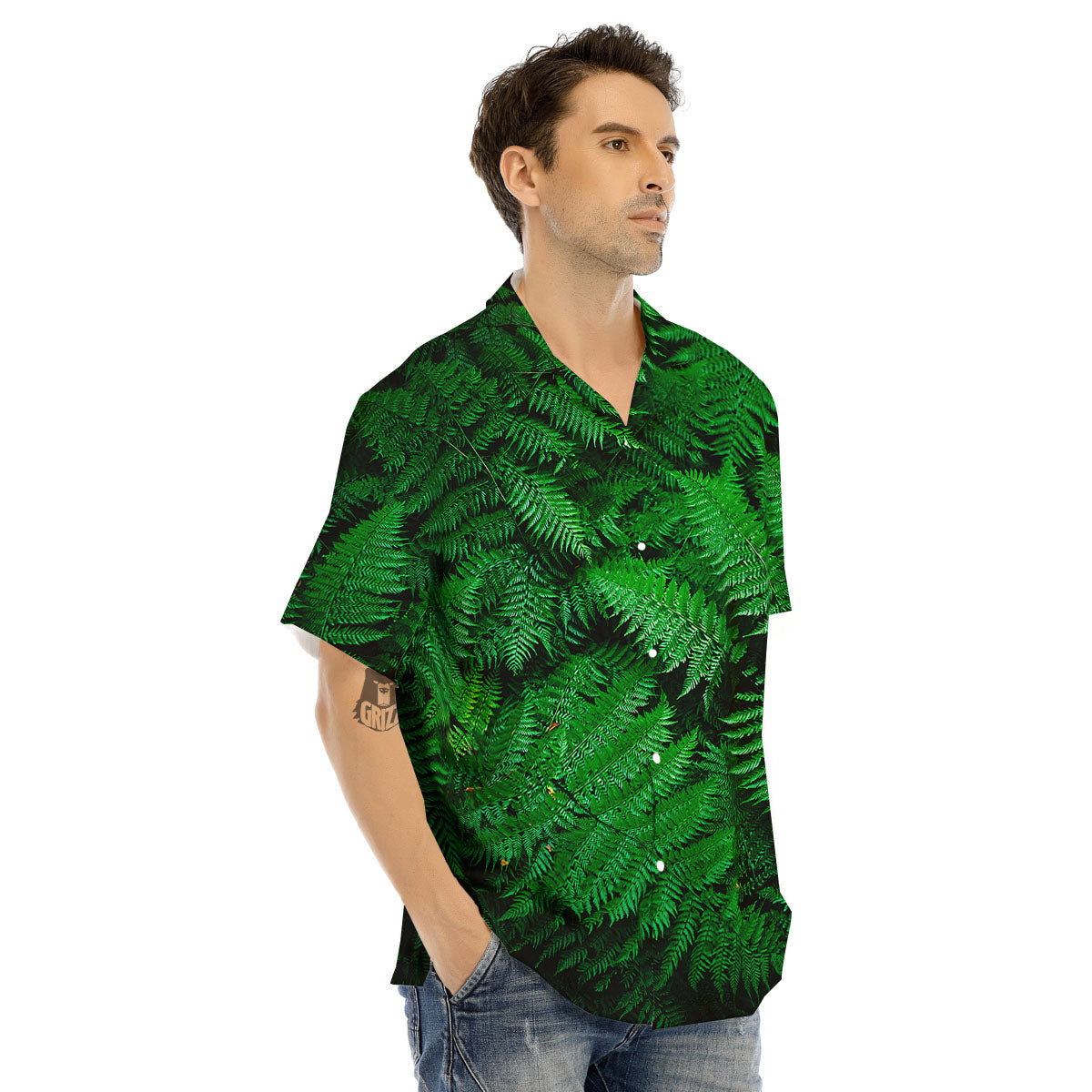 Fern Leaf Green Print Men's Hawaiian Shirt-grizzshop