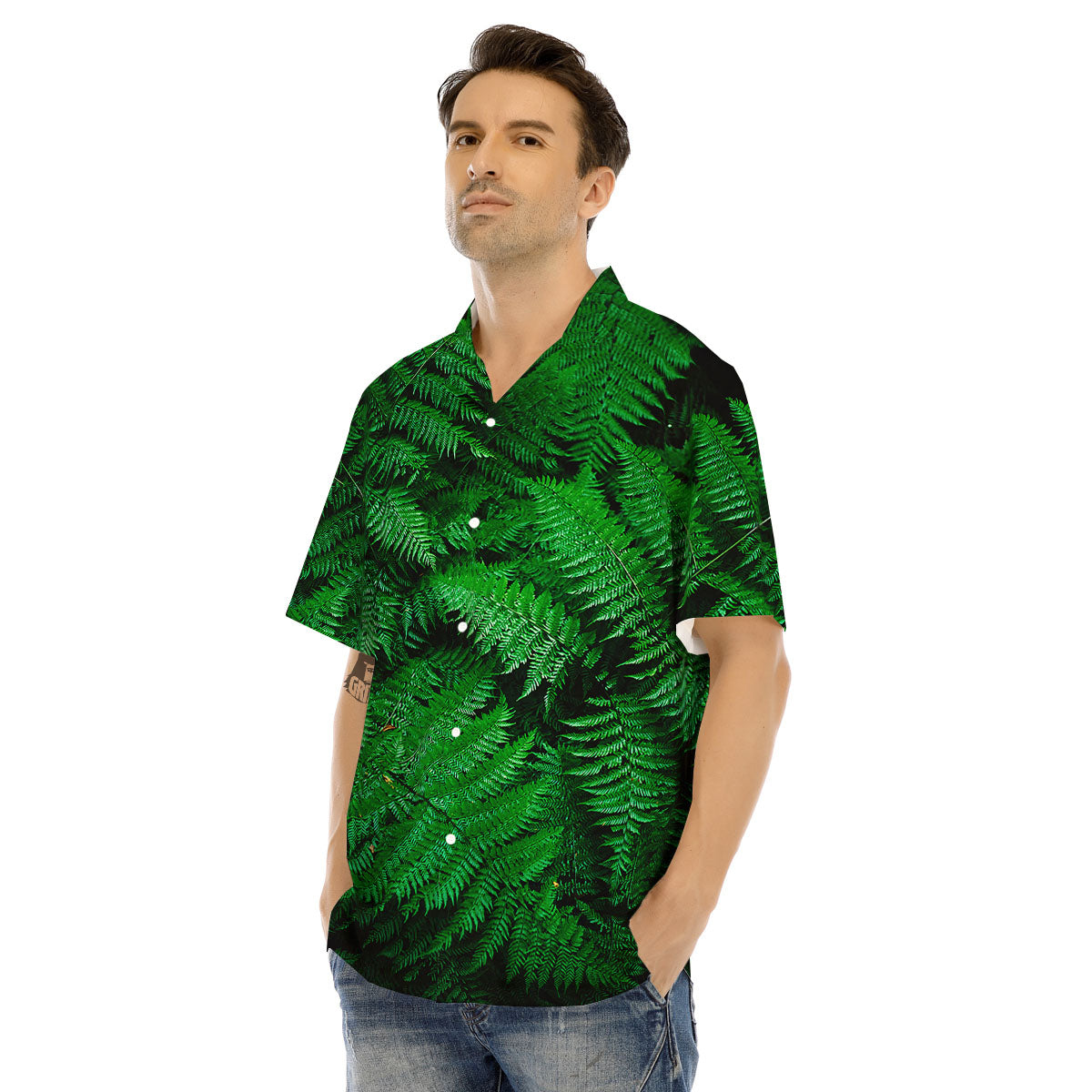 Fern Leaf Green Print Men's Hawaiian Shirt-grizzshop