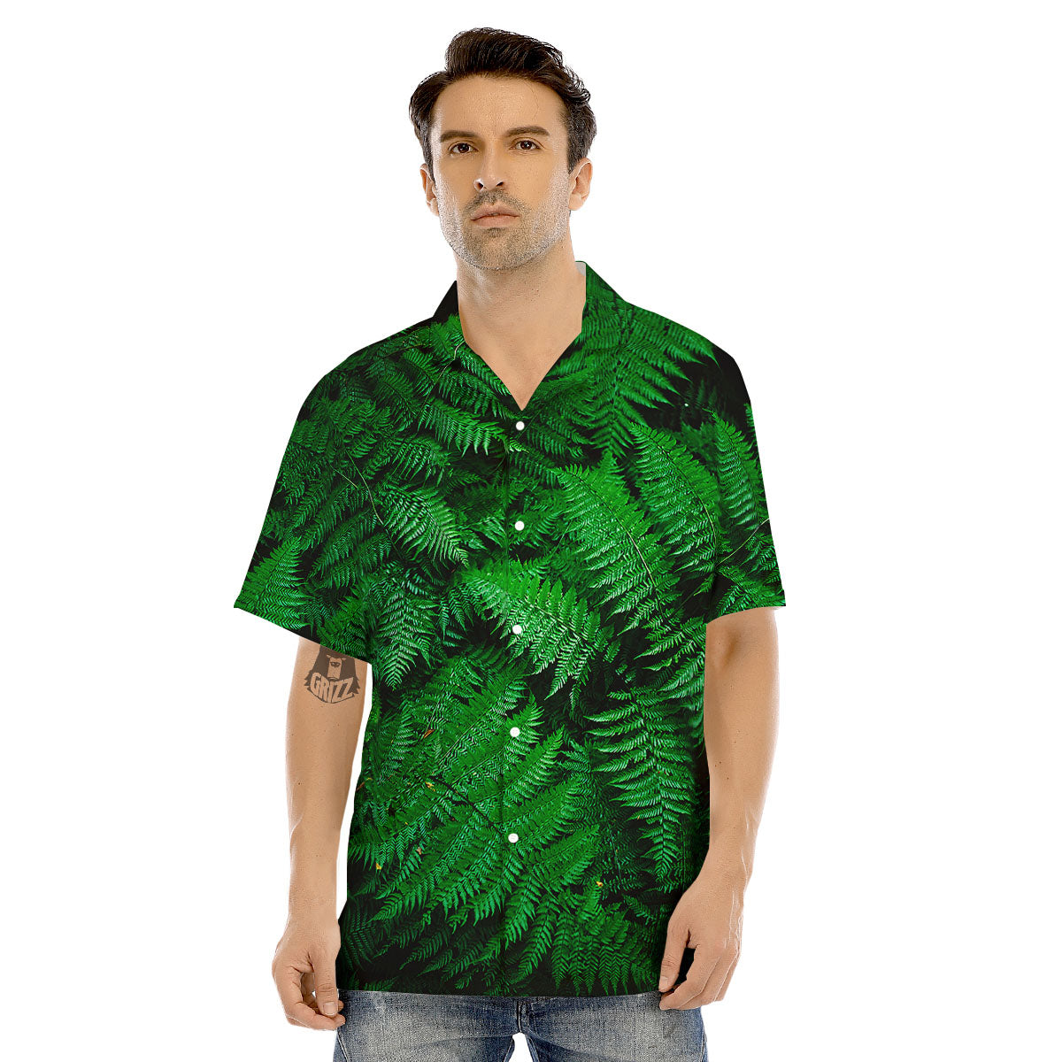 Fern Leaf Green Print Men's Hawaiian Shirt-grizzshop