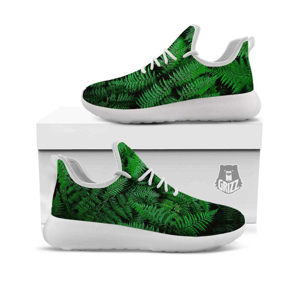 Fern Leaf Green Print White Athletic Shoes-grizzshop