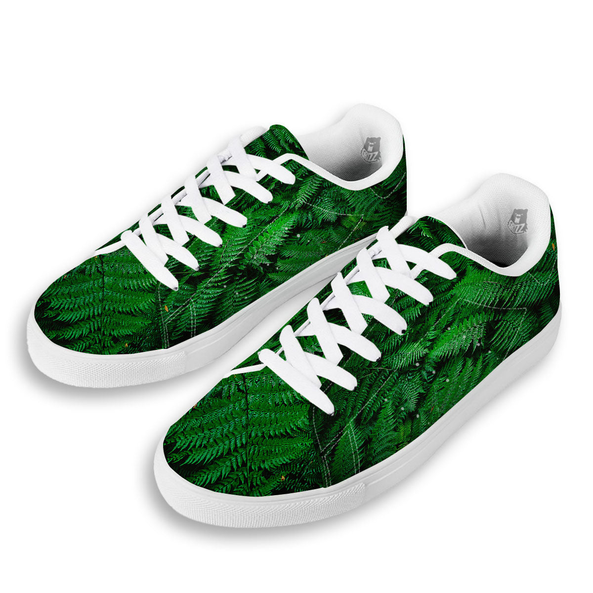 Fern Leaf Green Print White Low Top Sneakers-grizzshop
