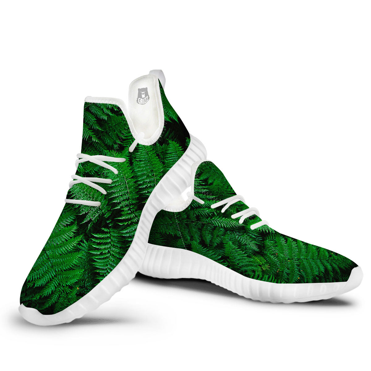 Fern Leaf Green Print White Walking Shoes-grizzshop