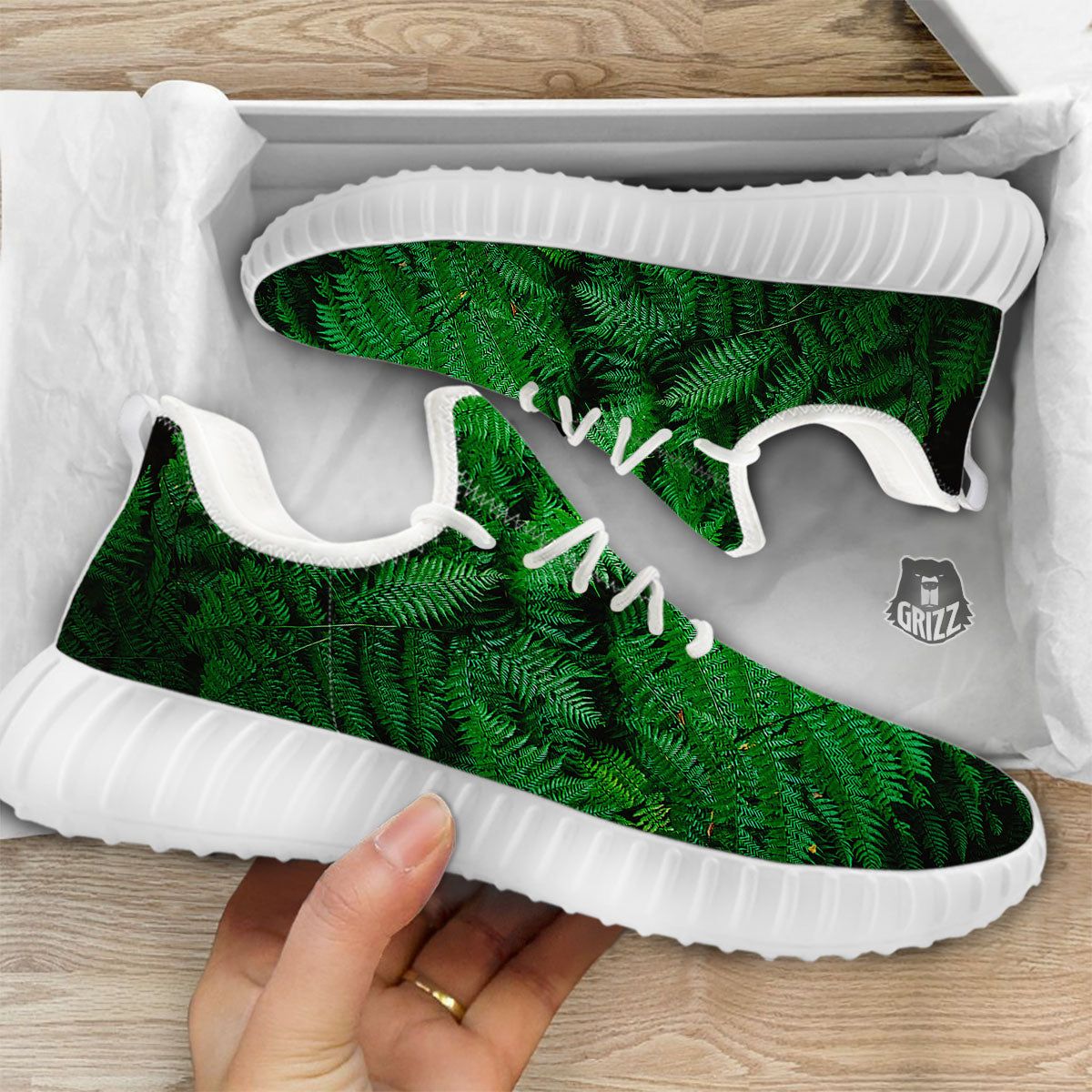 Fern Leaf Green Print White Walking Shoes-grizzshop