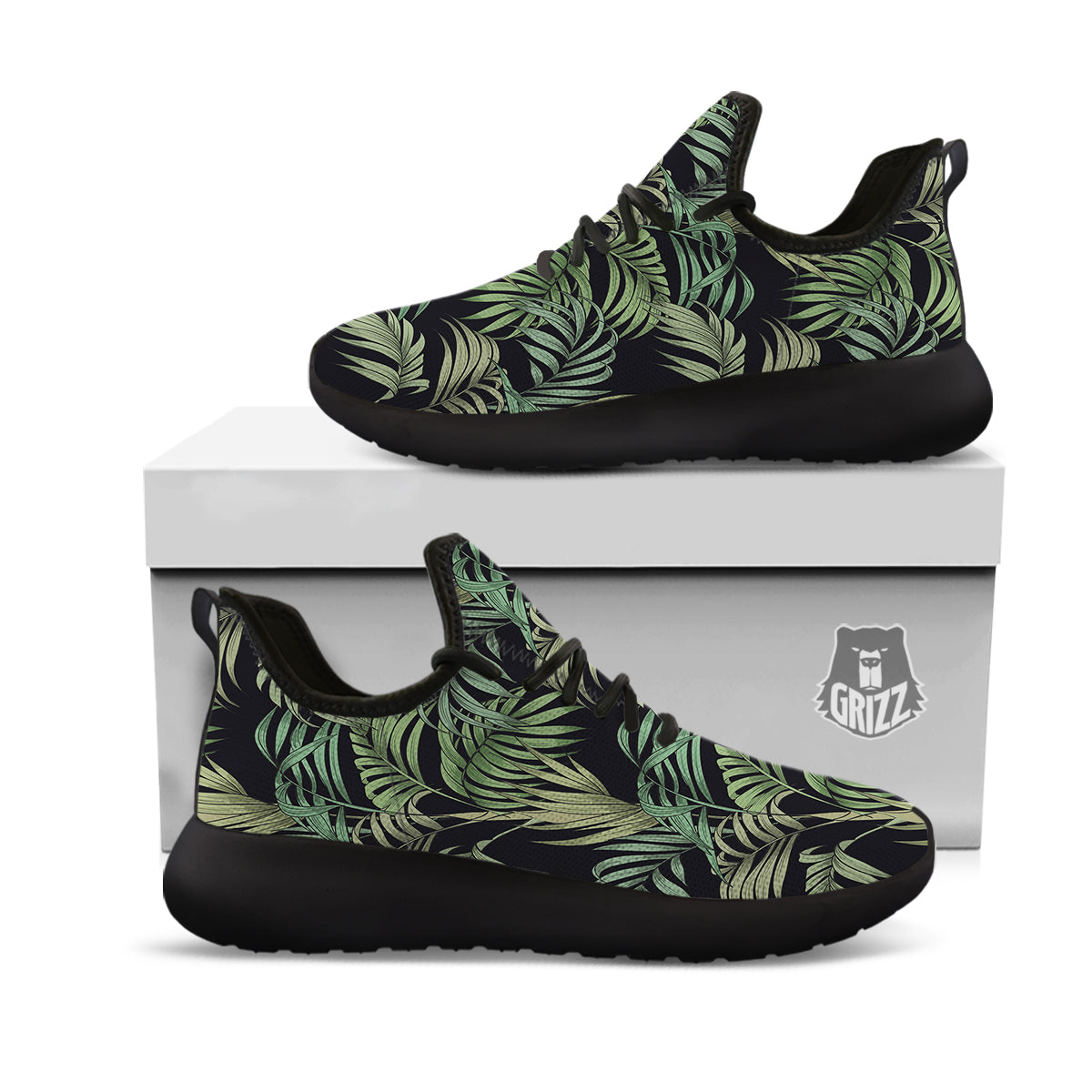 Fern Leaf Tropical Print Pattern Black Athletic Shoes-grizzshop