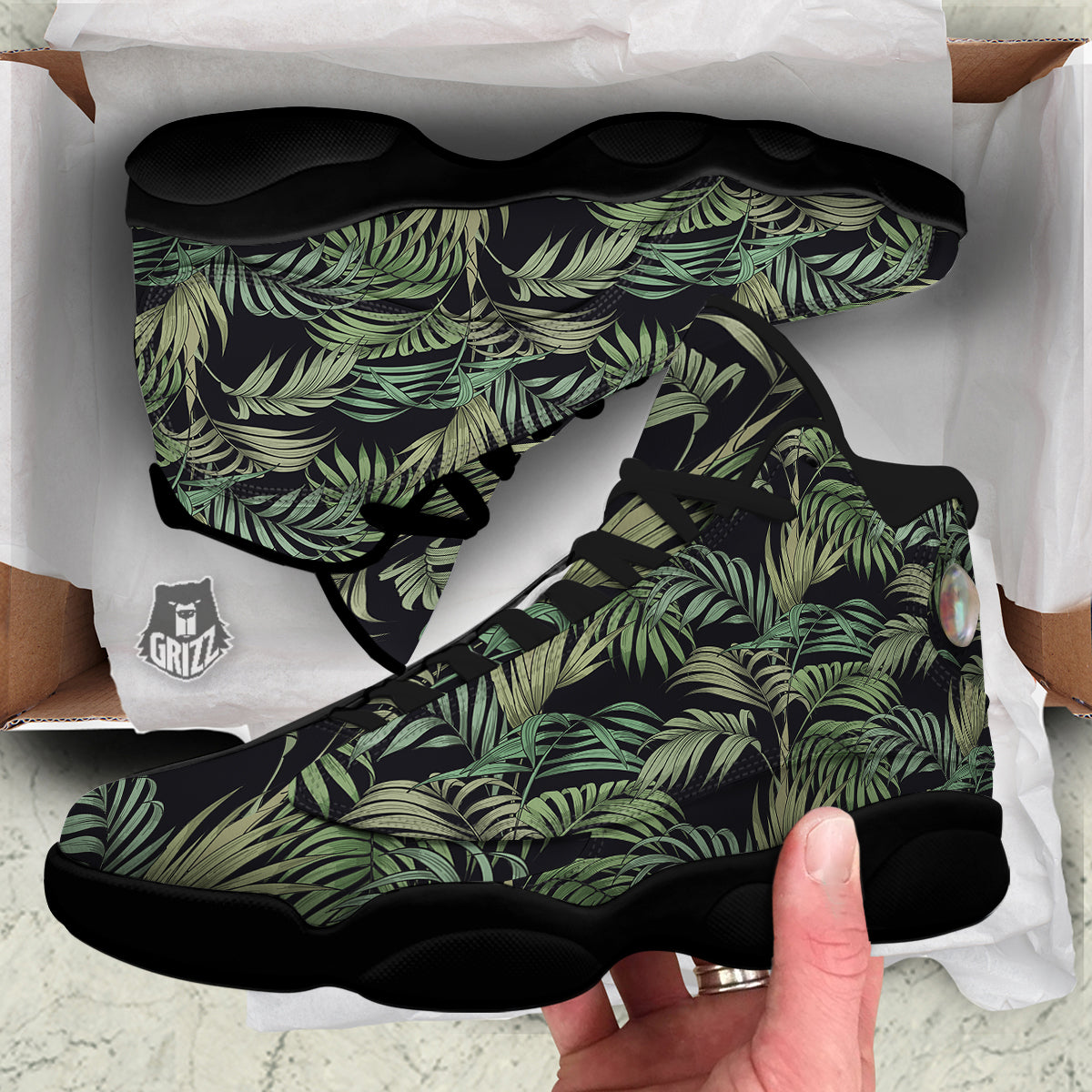 Fern Leaf Tropical Print Pattern Black Basketball Shoes-grizzshop