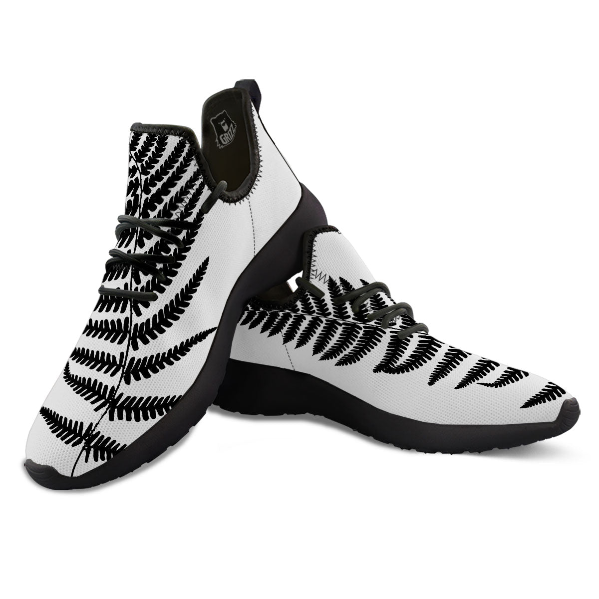 Fern Leaf White And Black Print Black Athletic Shoes-grizzshop