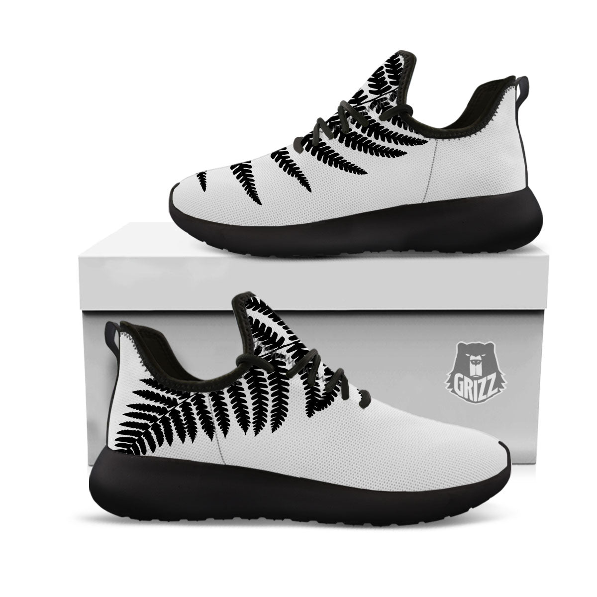 Fern Leaf White And Black Print Black Athletic Shoes-grizzshop