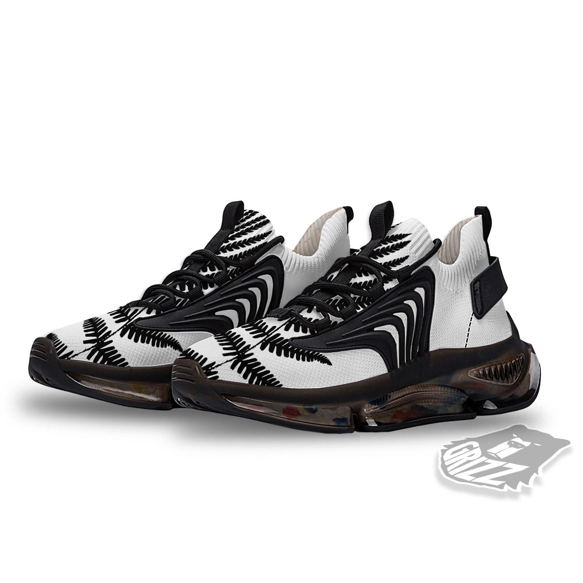 Fern Leaf White And Black Print Black Gym Shoes-grizzshop
