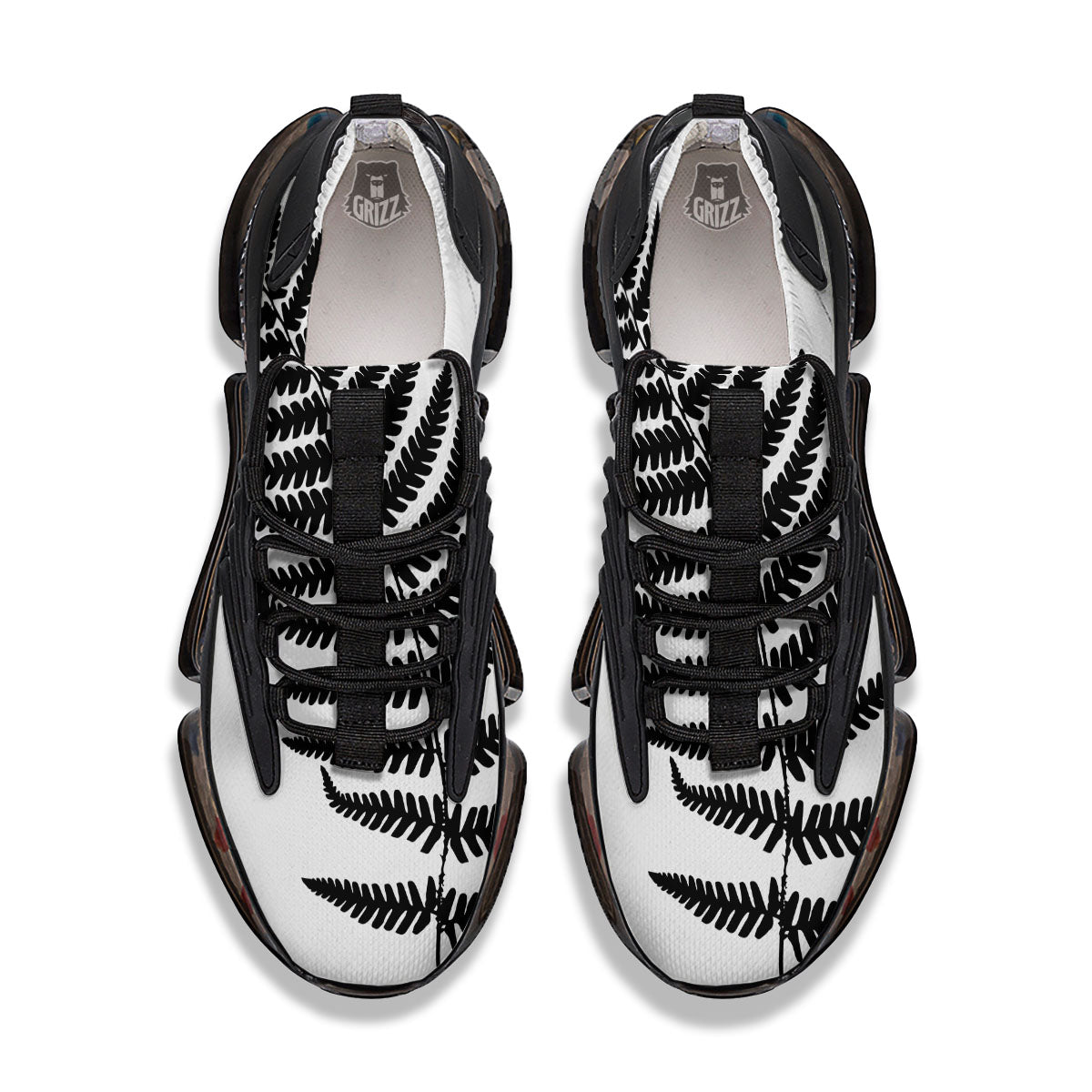 Fern Leaf White And Black Print Black Gym Shoes-grizzshop