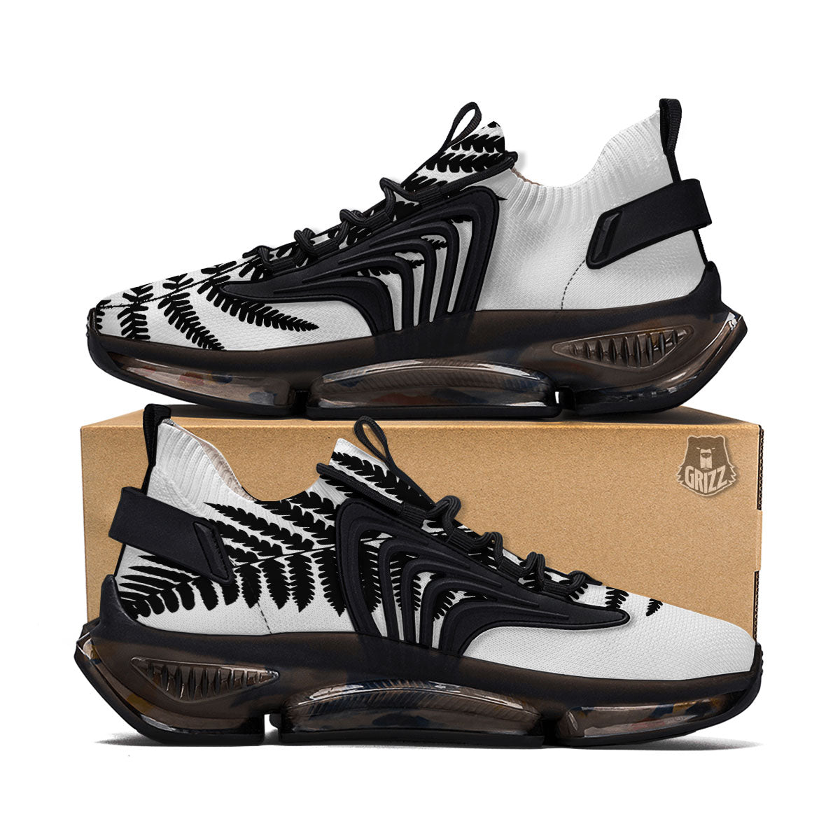 Fern Leaf White And Black Print Black Gym Shoes-grizzshop