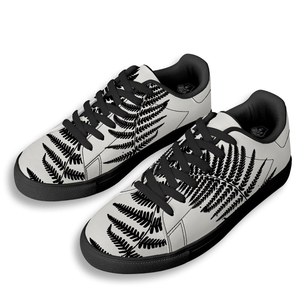 Fern Leaf White And Black Print Black Low Top Sneakers-grizzshop