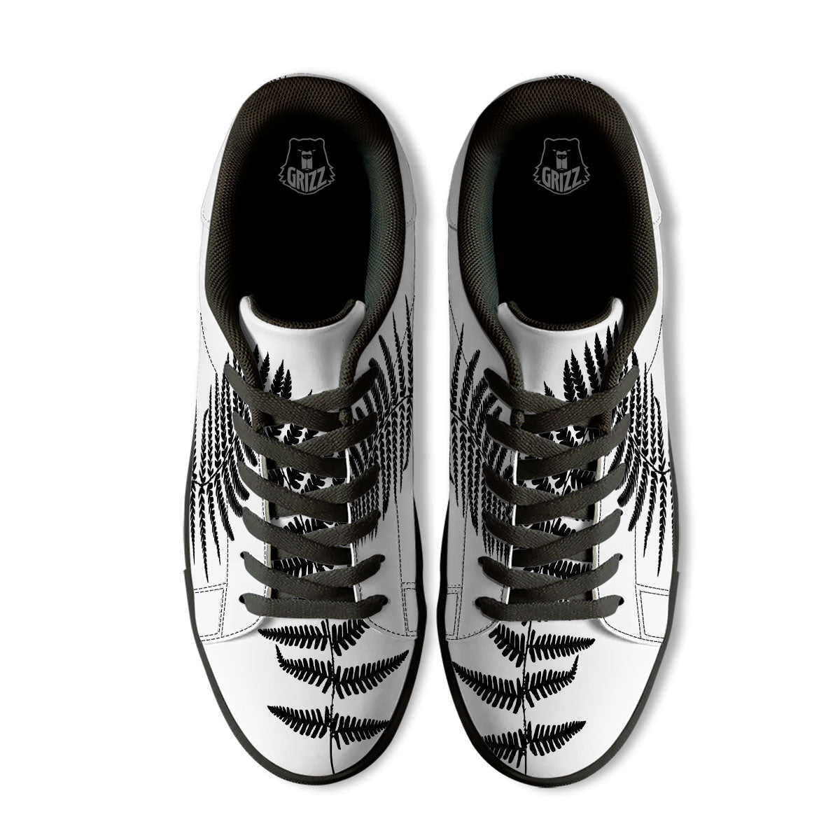 Fern Leaf White And Black Print Black Low Top Sneakers-grizzshop