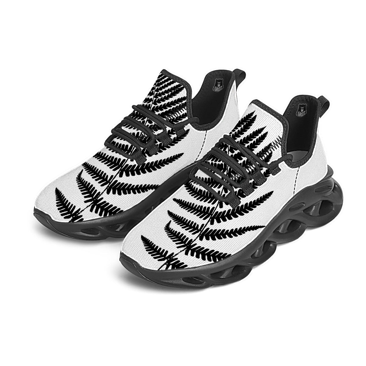 Fern Leaf White And Black Print Black Running Shoes-grizzshop
