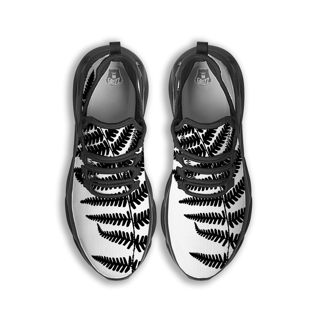 Fern Leaf White And Black Print Black Running Shoes-grizzshop