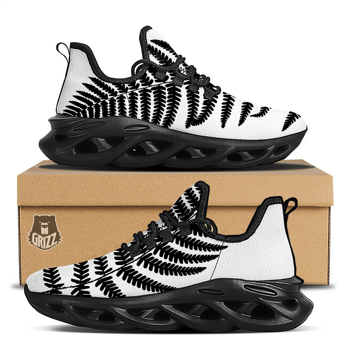 Fern Leaf White And Black Print Black Running Shoes-grizzshop