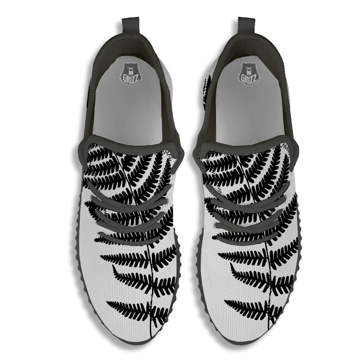 Fern Leaf White And Black Print Black Walking Shoes-grizzshop