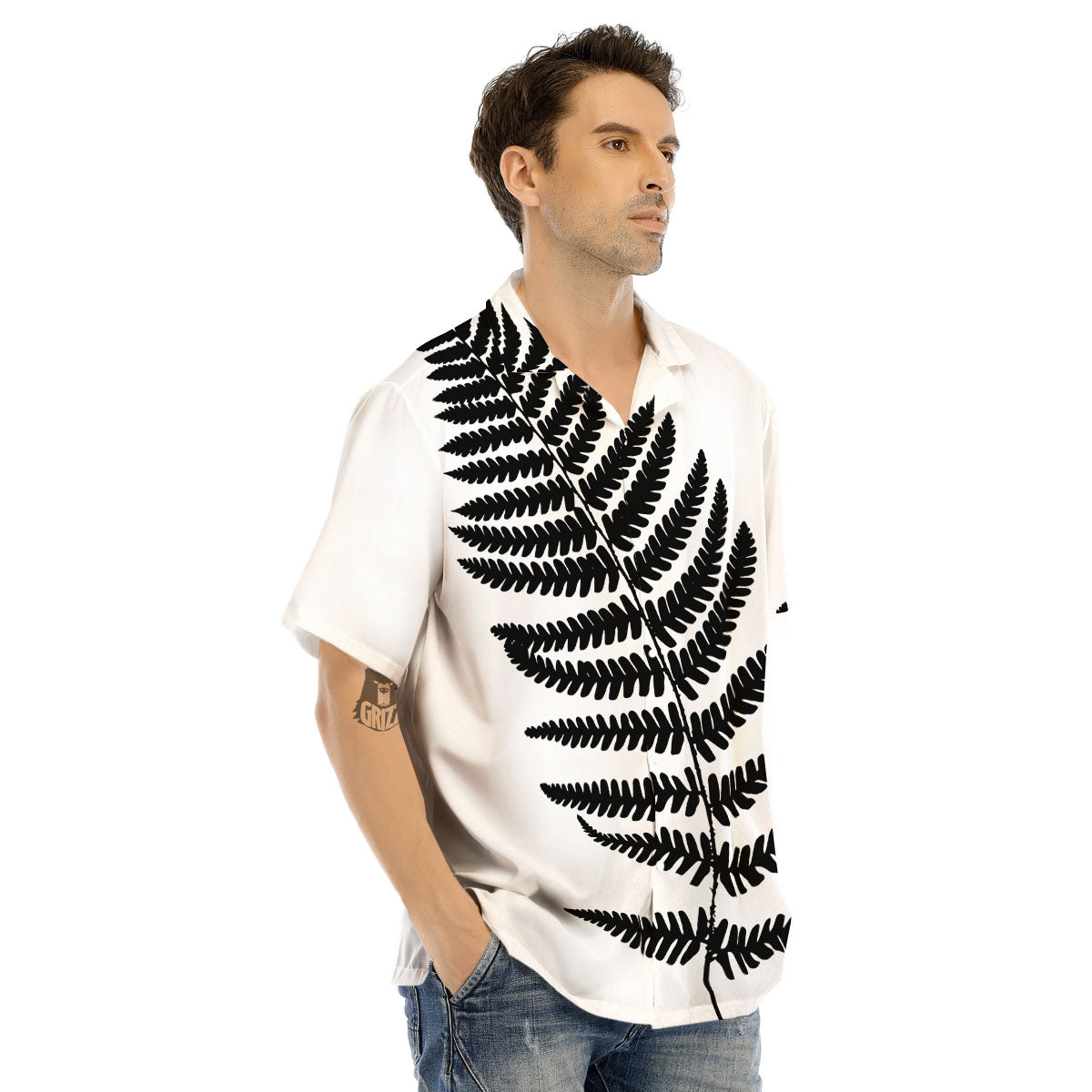 Fern Leaf White And Black Print Men's Hawaiian Shirt-grizzshop
