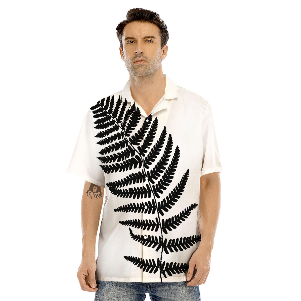 Fern Leaf White And Black Print Men's Hawaiian Shirt-grizzshop