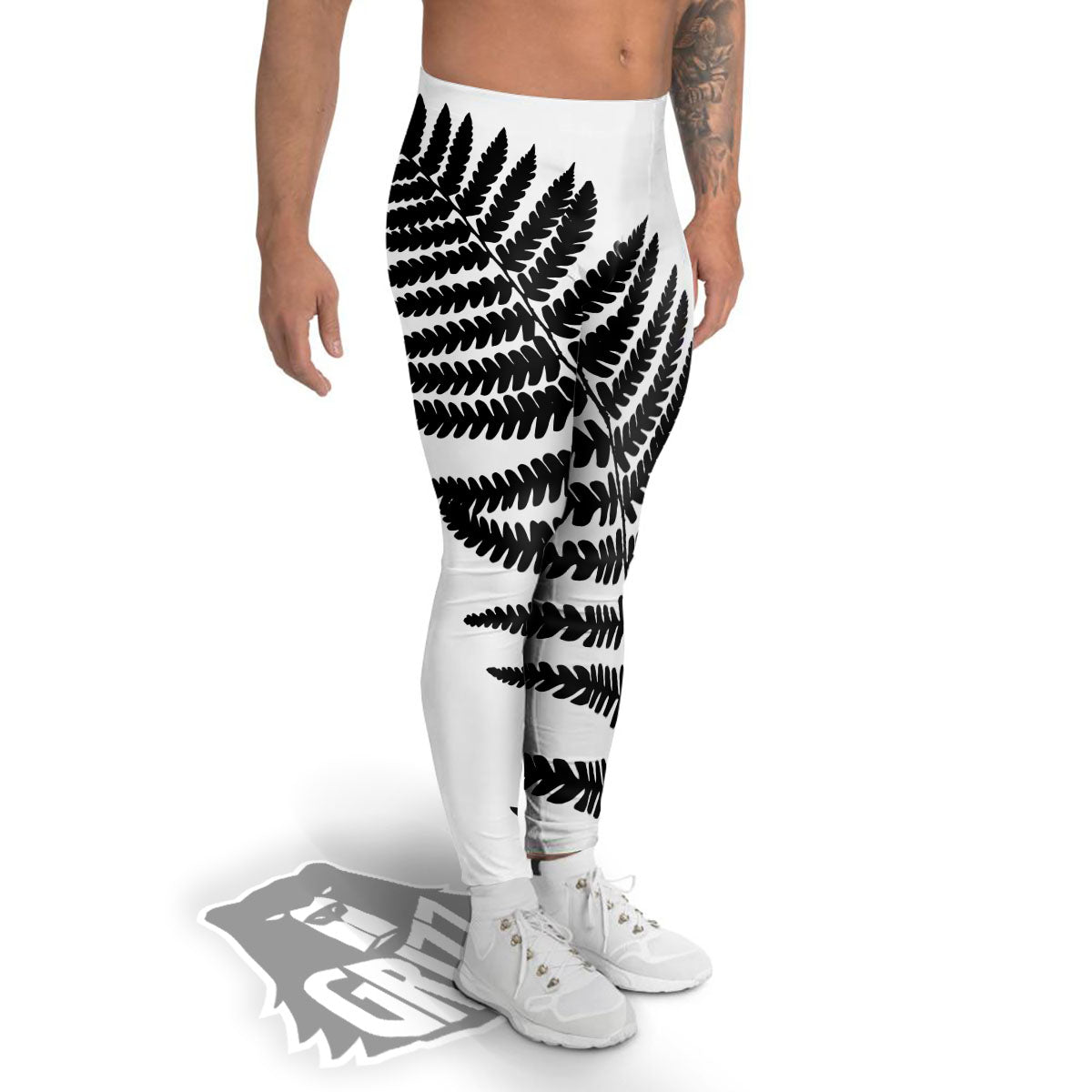 Fern Leaf White And Black Print Men's Leggings-grizzshop