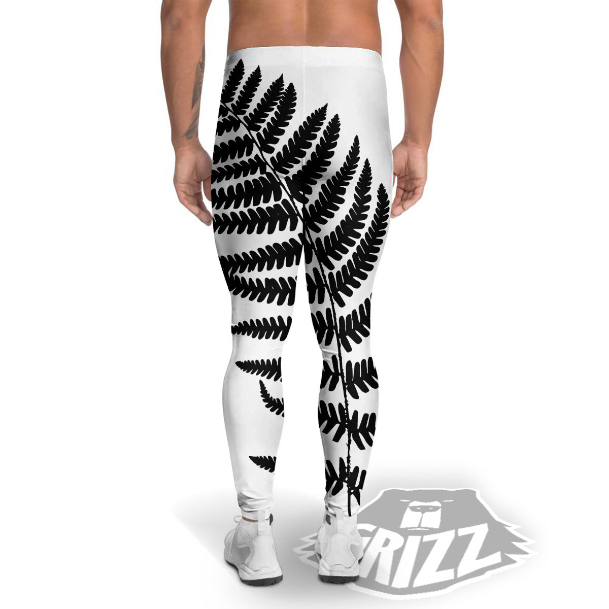 Fern Leaf White And Black Print Men's Leggings-grizzshop