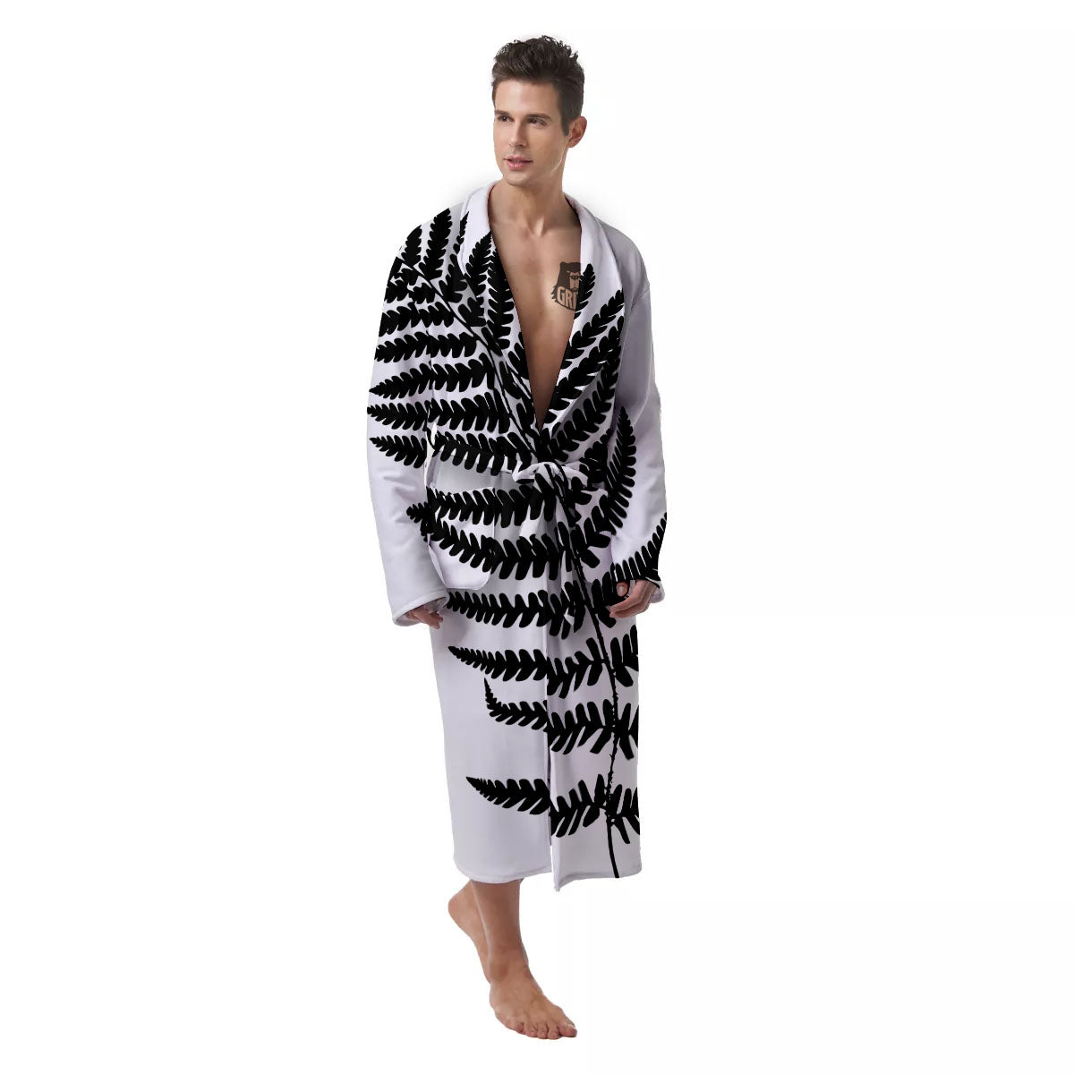Fern Leaf White And Black Print Men's Robe-grizzshop