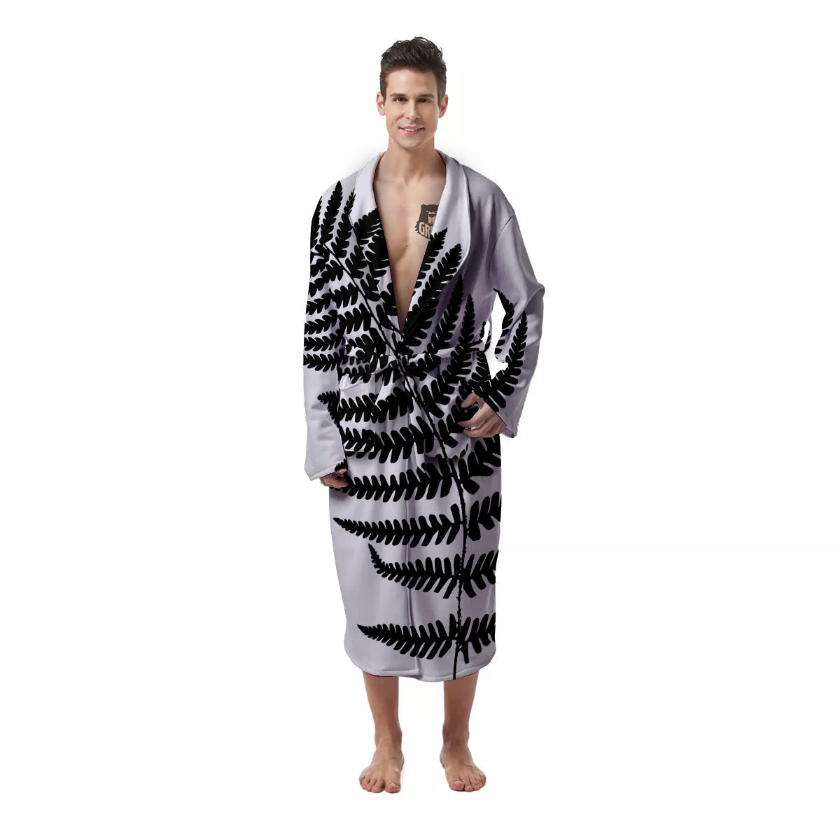 Fern Leaf White And Black Print Men's Robe-grizzshop